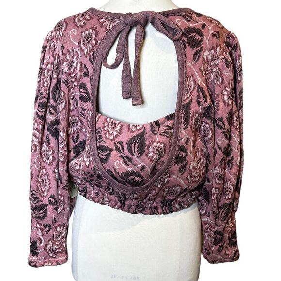 FREE PEOPLE No Ordinary Top Floral Jacquard Puff Sleeve Open Back Crop Sweater - Picture 7 of 9
